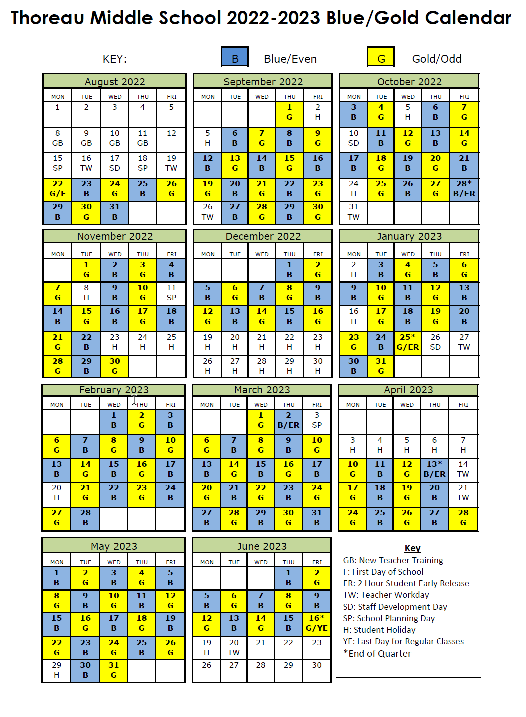 Blue/Gold Day Calendar Thoreau Middle School